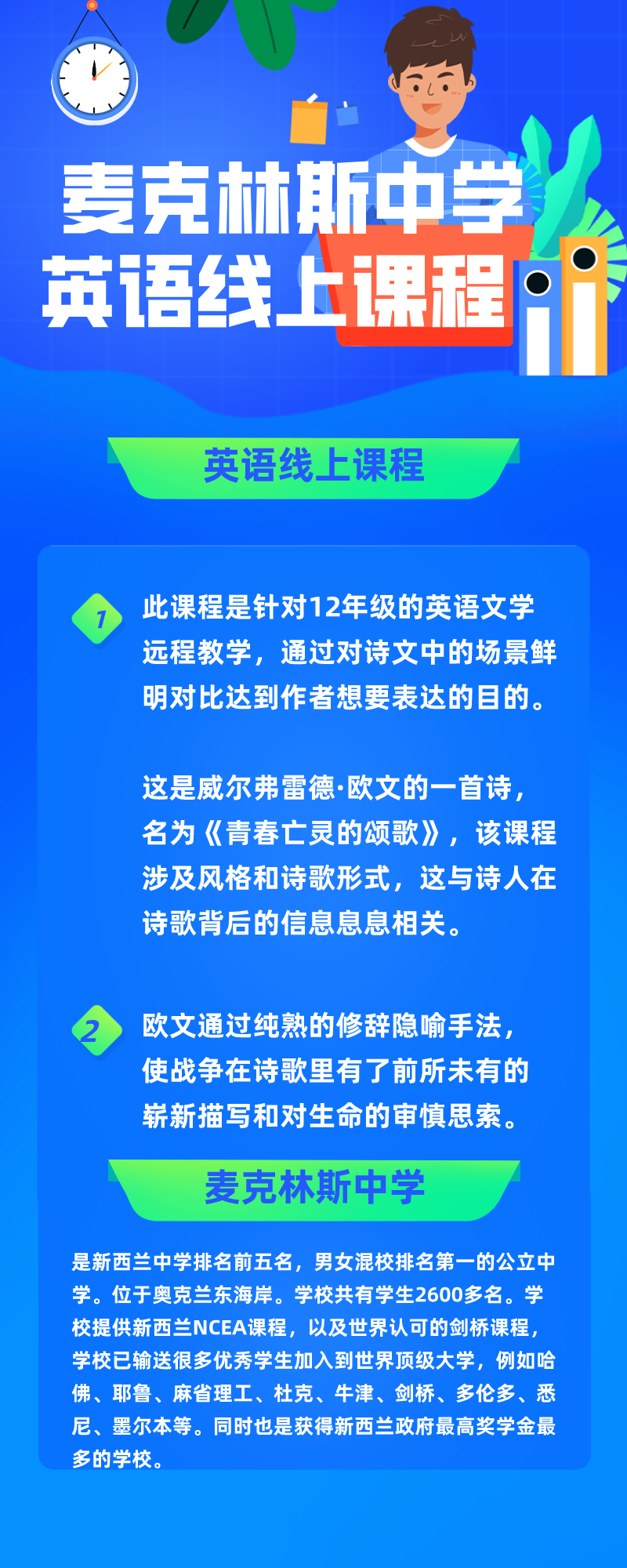 新西兰麦克林斯中学英语线上课程 金吉列大学长官网